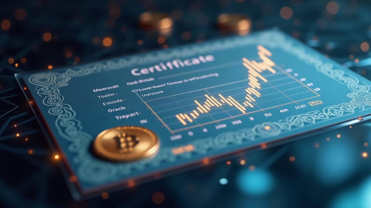 Hyper-real holographic bStock certificate with USDT symbol, illustrating tokenized equity amid a soft, neutral backdrop.