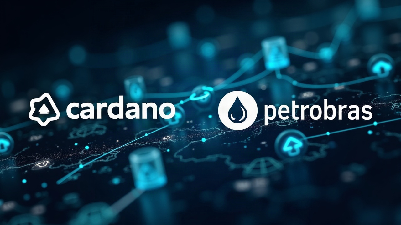 Editorial: Cardano and Petrobras logos with a glowing blockchain ledger over renewable-fuel icons.