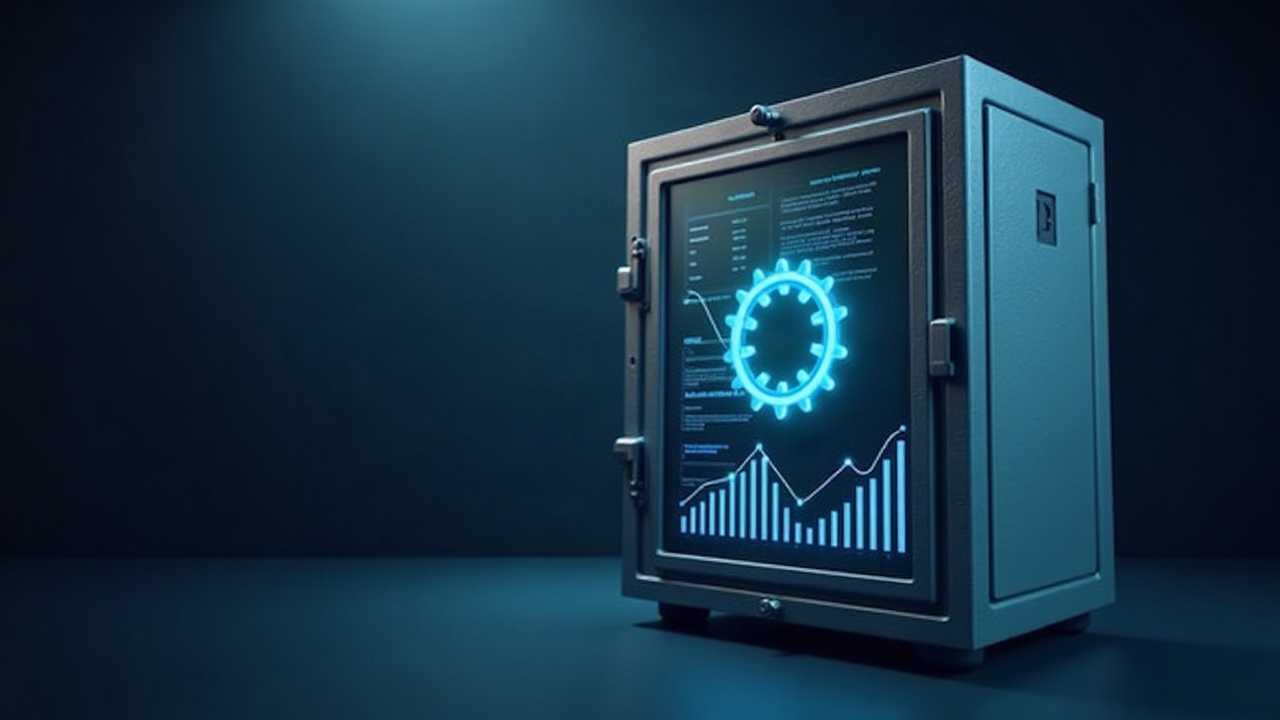 Photorealistic header: vault with glowing Chainlink logo and a transparent dashboard showing rising LINK