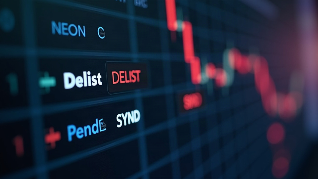 Photorealistic crypto trading UI with a delist notice and suspended orders; blurred NEON and SYND icons.