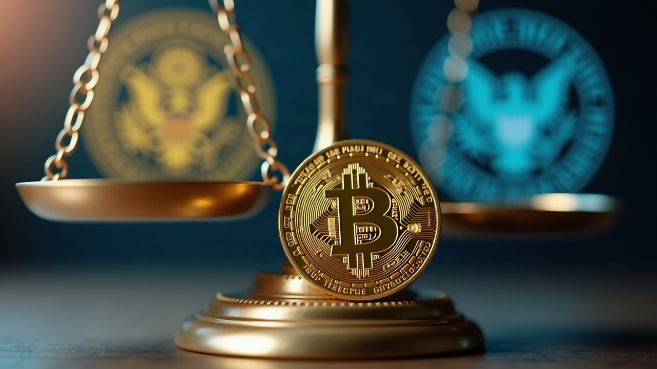 Photorealistic close-up of a crypto coin between scales of justice with blurred CFTC and SEC logos in the background.