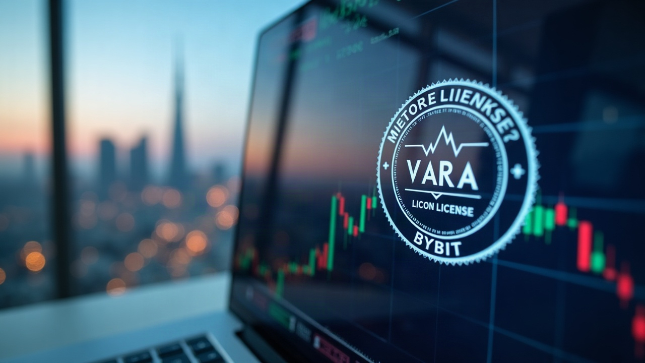 Dubai skyline behind a crypto trading terminal showing a VARA seal and subtle Bybit branding.