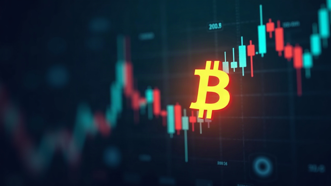 Stock chart blends with a glowing Bitcoin icon to depict reinvested dividends into crypto exposure via ETFs.