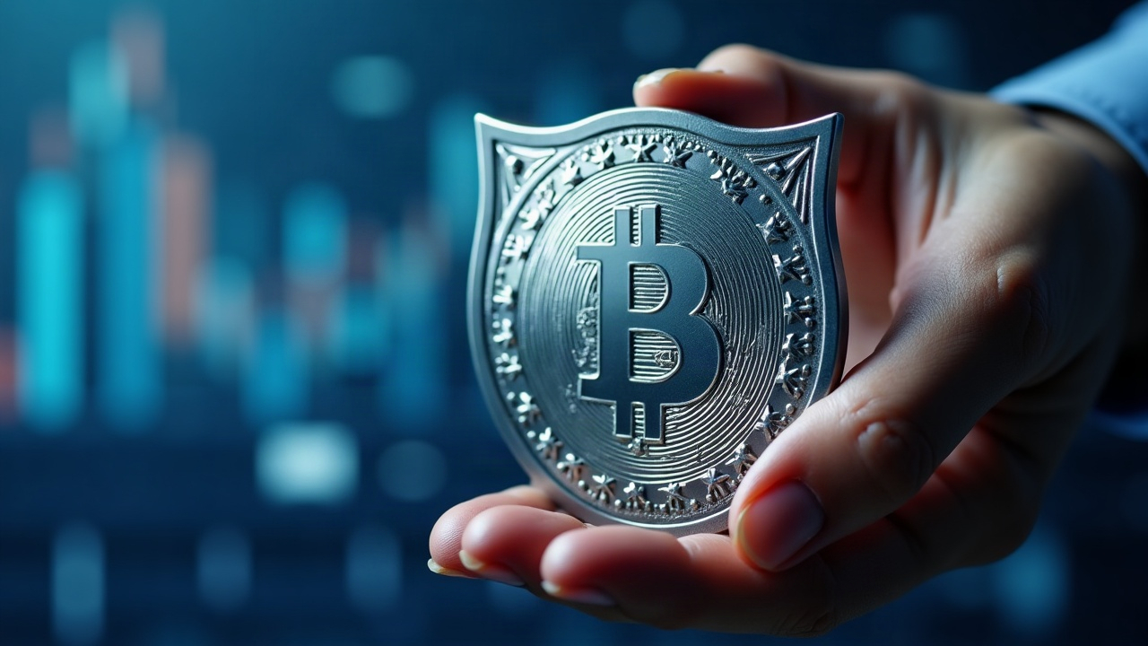 Close-up of a stability coin held against a blue-silver regulatory shield, signaling GENIUS Act and MiCA enforcement.