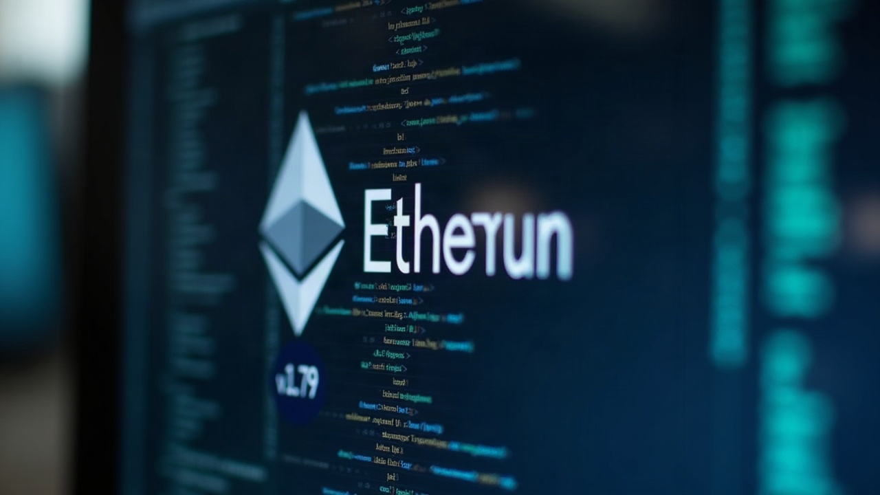 Close-up of a computer screen with the Go Ethereum logo and a v1.17.9 badge, faint code lines, and a blurred data center.