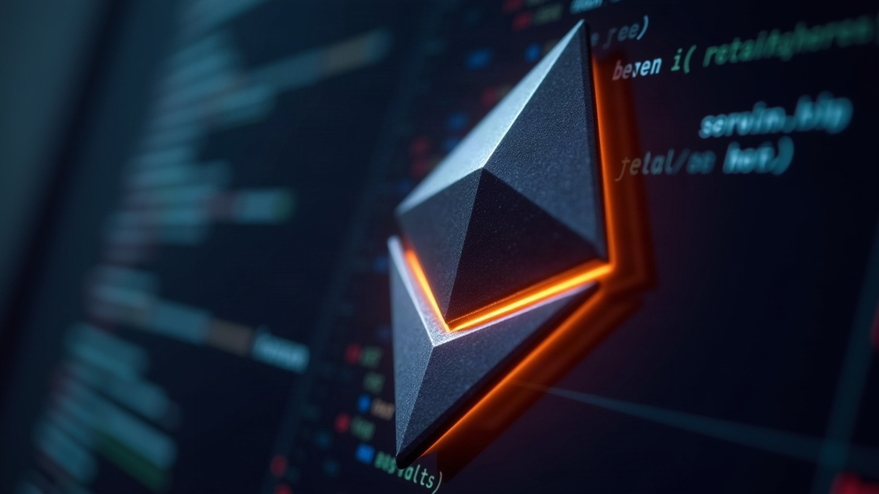 Photorealistic close-up of a glowing Ethereum logo with code and charts in the background, signaling a paused upgrade.