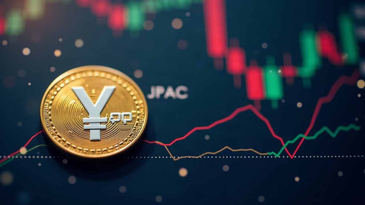 Photorealistic close-up of JPYC token with yen symbol, a rising price chart, and subtle Upbit branding.