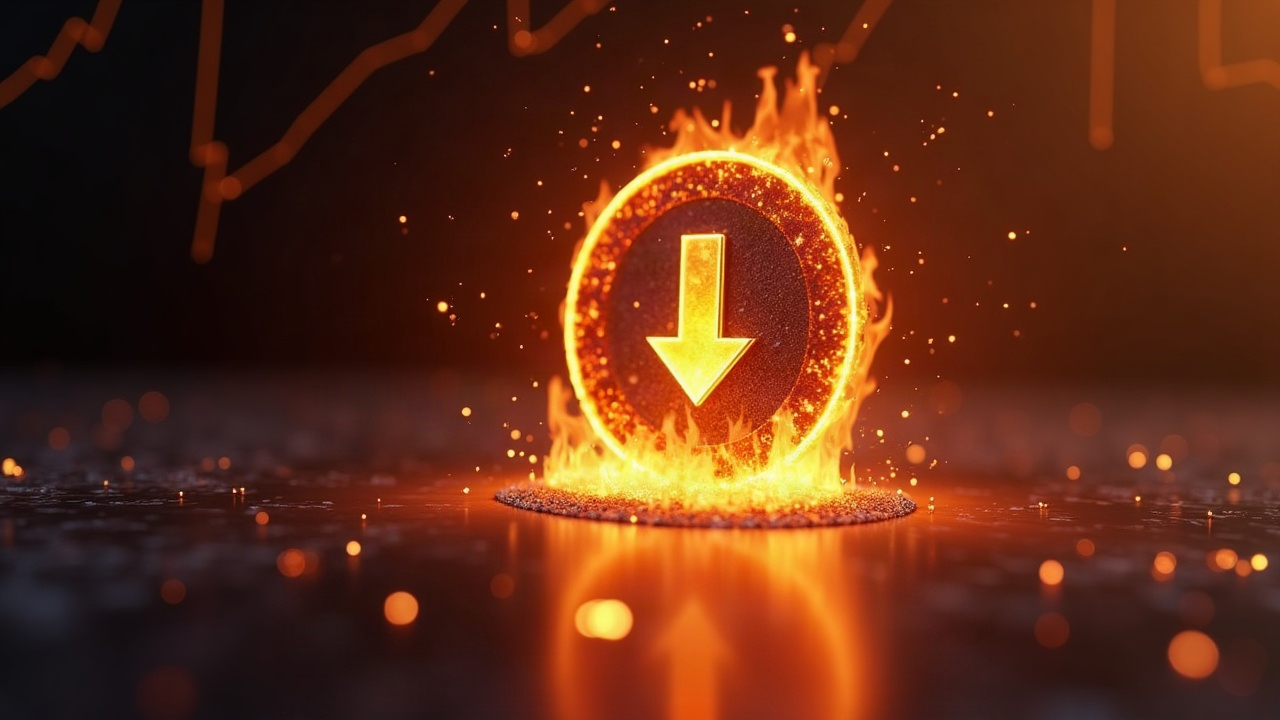 Photoreal JST token icon dissolving into a bright flame with a deflationary arrow on a sleek blockchain backdrop.