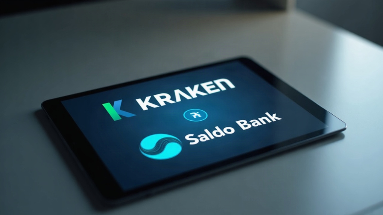 Photoreal editorial image of Kraken Payward and Saldo Bank logos merging on a tablet, signaling crypto banking integration.