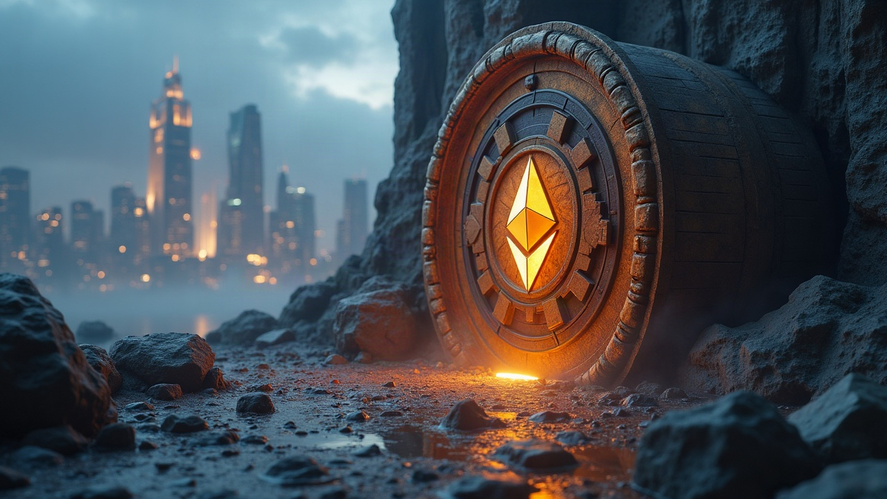 Futuristic Ethereum cityscape with a breached legacy vault, glowing 200 ETH, and Tornado Cash-like clouds.