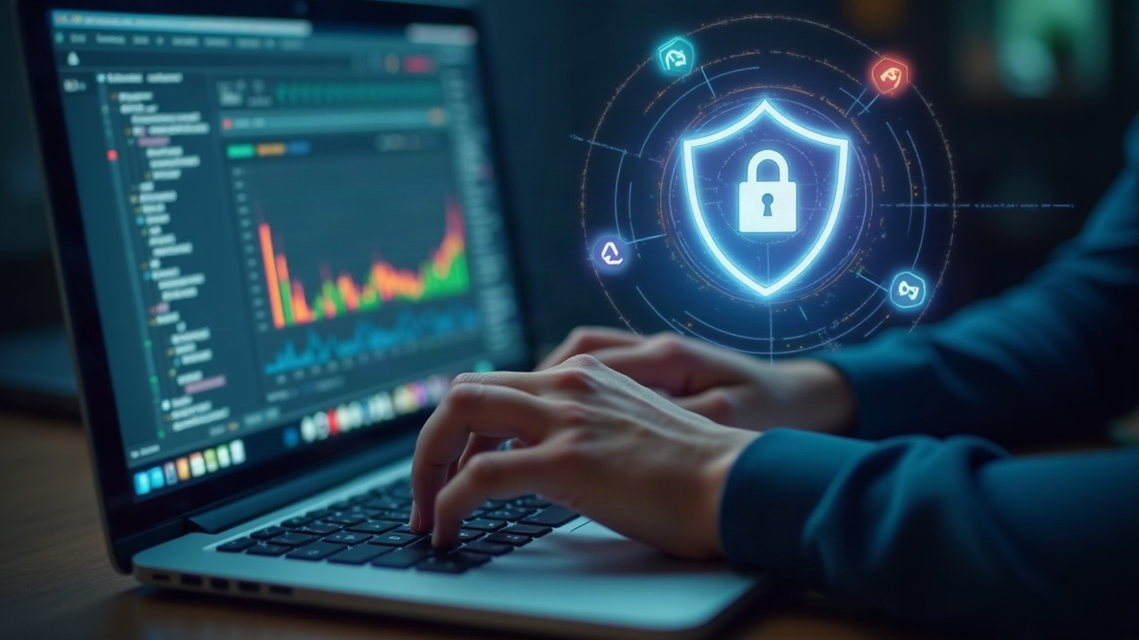 Photorealistic close-up of a developer coding on a laptop with a glowing shield and cryptographic proofs overlay signaling private AI inference.
