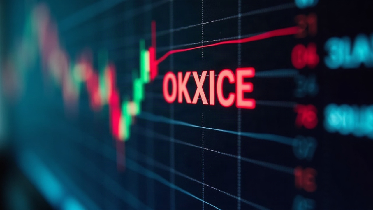 Blockchain trading scene with OKXICE ledger and red barriers on tickers, clash between decentralization and issuer control.
