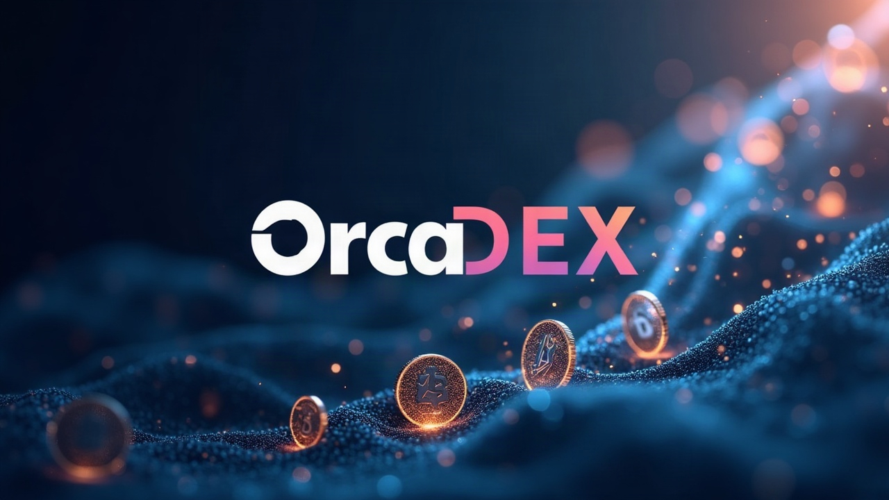 Orca DEX logo on Solana-inspired backdrop with streaming tokens symbolizing liquidity and tokenized stocks.