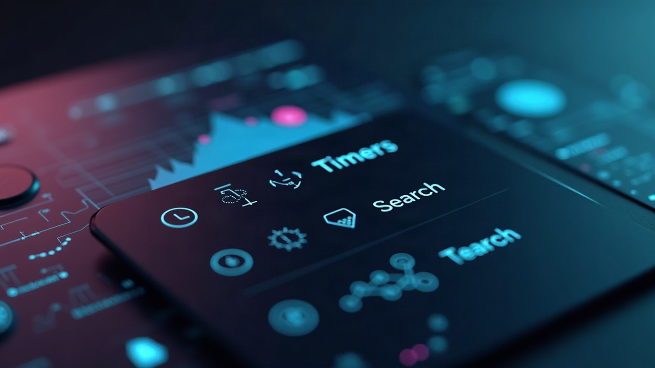 Sleek UI panel labeled Timers and Search on a blurred tech backdrop, symbolizing community-driven, on-chain features on Ronin Network.