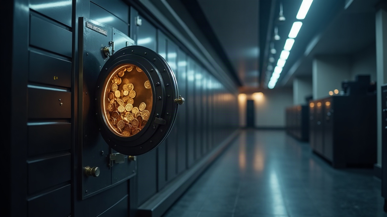 Photorealistic vault opening as PYUSD tokens flow from a centralized exchange to a decentralized wallet.