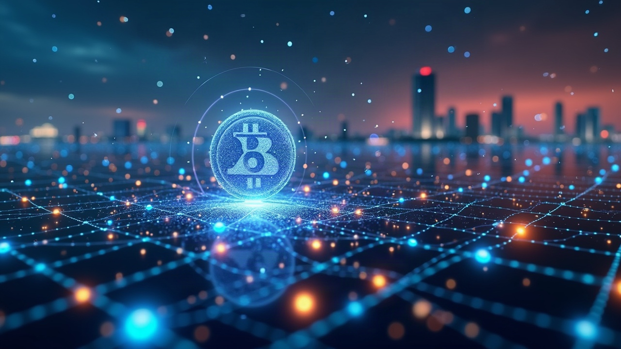Photorealistic custody dashboard with floating digital tokens, Seoul skyline, and a blockchain lattice.