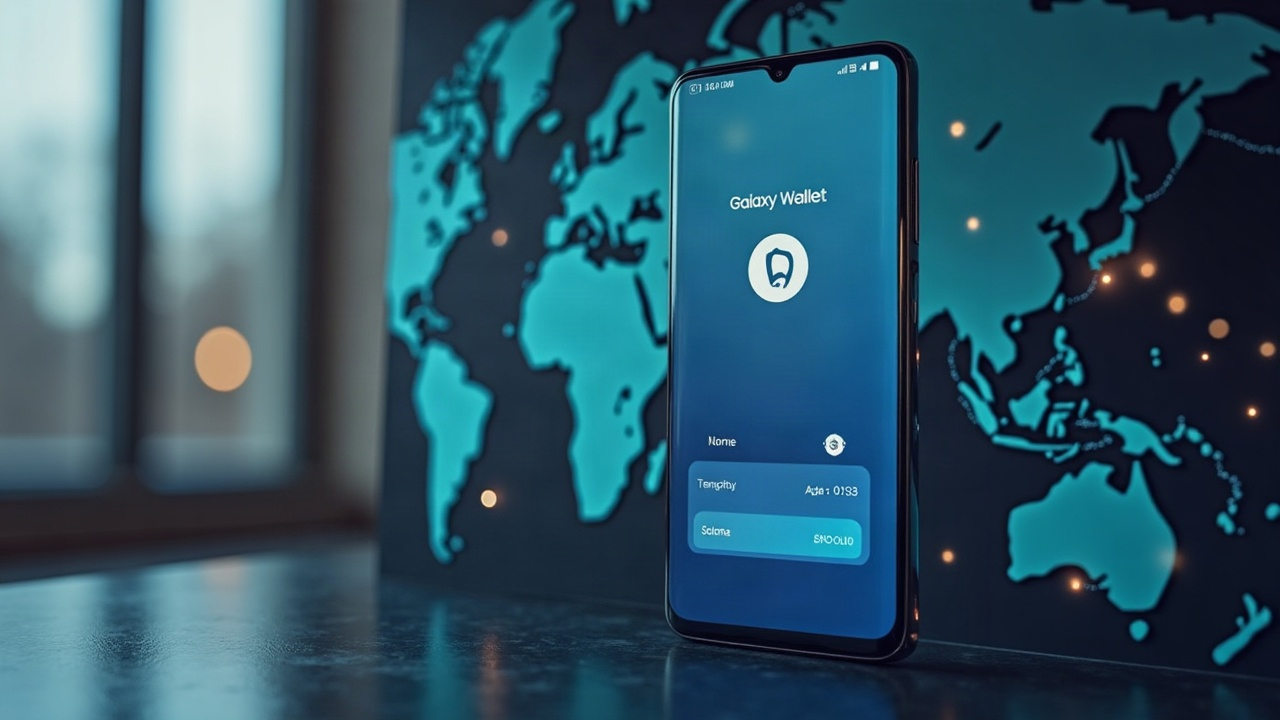 Samsung Galaxy phone displaying USDC transfer in Wallet, with Solana and Sui logos on a blurred world map.