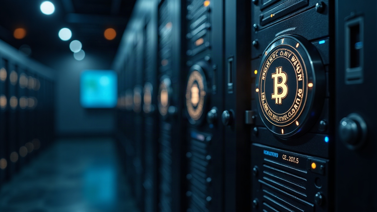Photo-realistic crypto custody vault with glowing blockchain nodes signaling regulated custody for RIAs and funds.