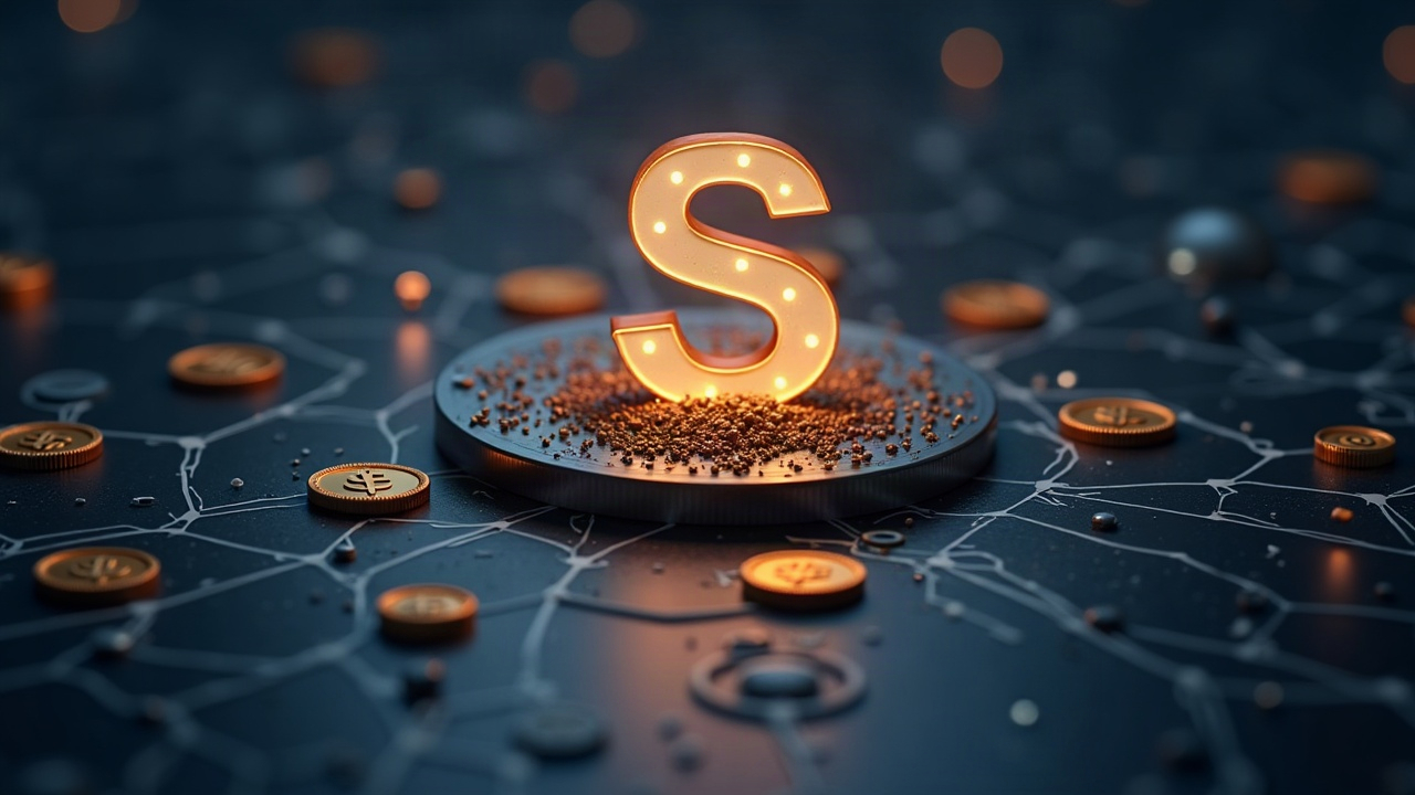 Solana settlement hub with glowing logo and flowing USDC tokens, illustrating on-chain liquidity