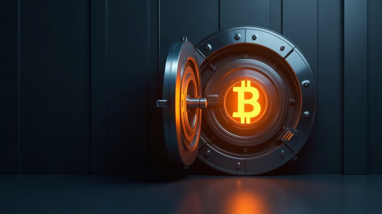 Photorealistic vault door opens to reveal glowing Bitcoin emblem, symbolizing institutional BTC holdings.