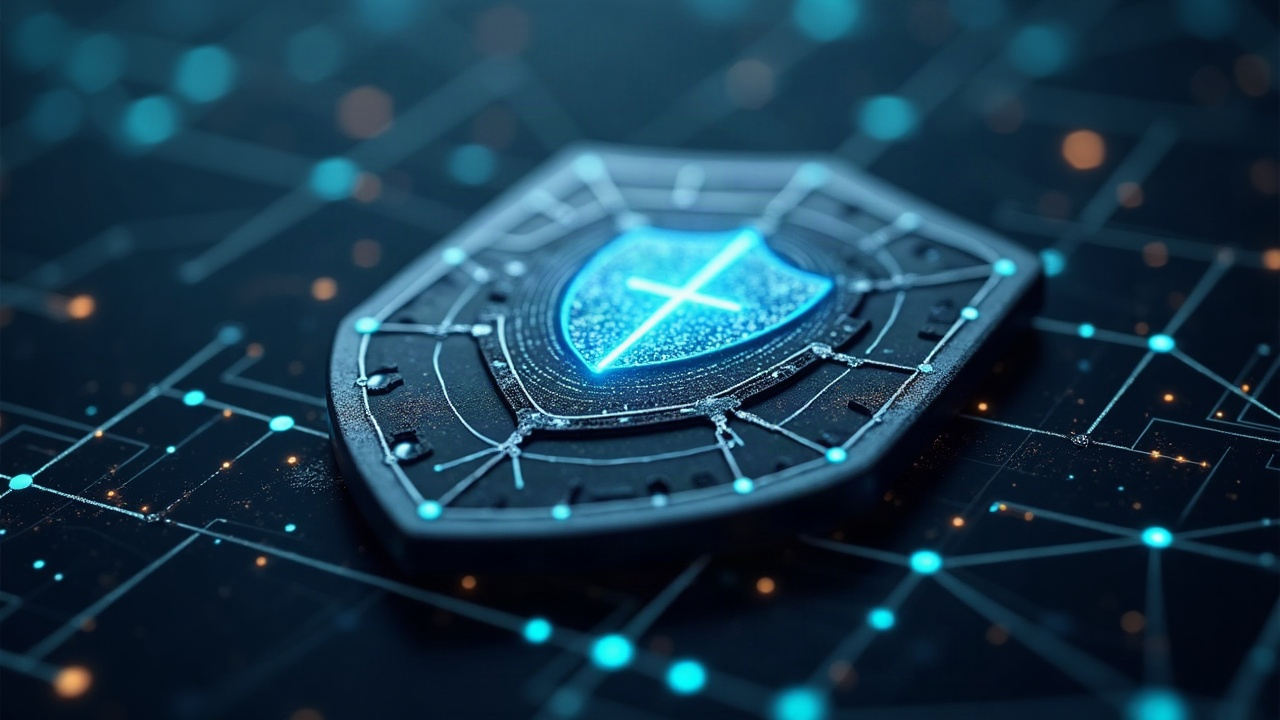 Close-up of a metallic shield over a blockchain grid with AI threat lines tracing impersonation by Sui and ChainPatrol