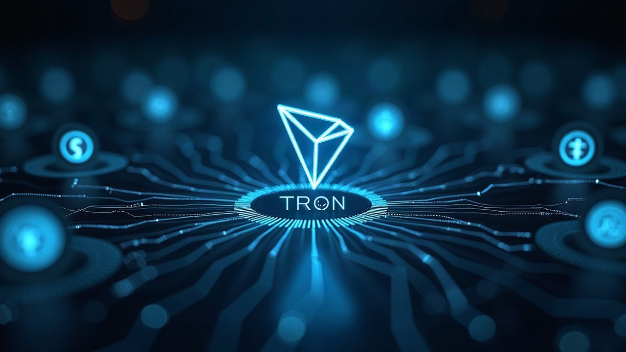 Photorealistic header with a TRON logo and streams of stablecoins forming a 30T settlement hub.