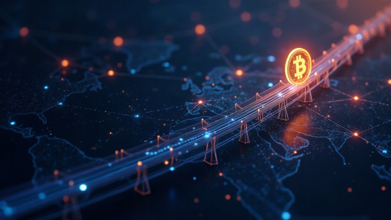 Photorealistic header: glowing USDC token traversing bridges toward a central Injective hub on a Cosmos-like network map.