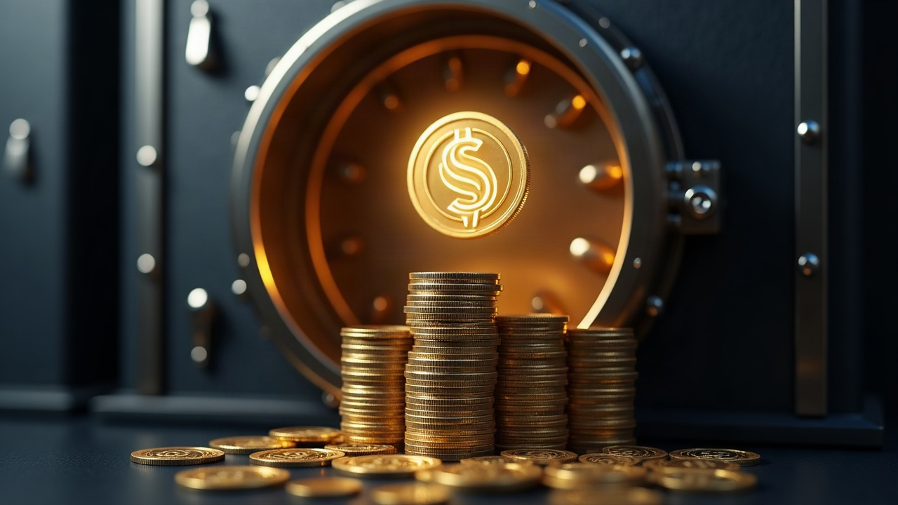 Photorealistic treasury vault with a 250M USDC stack and Solana emblem overlay, with soft lighting.
