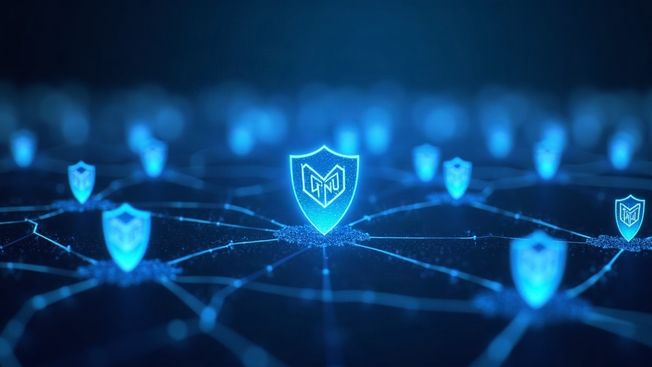 Photorealistic depiction of a decentralized blockchain network with rapid blocks and shielded-transaction icons NU7 testnet.